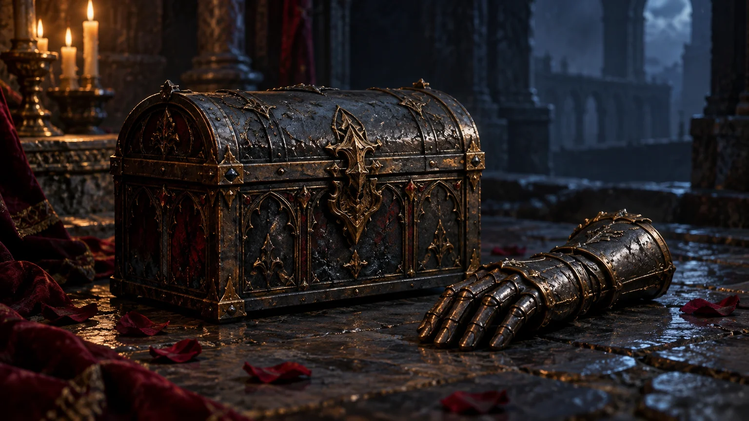 A compact closed iron chest beside a plain gauntlet on neutral dark stone, no route clues or map labels. Original conceptual illustration.
