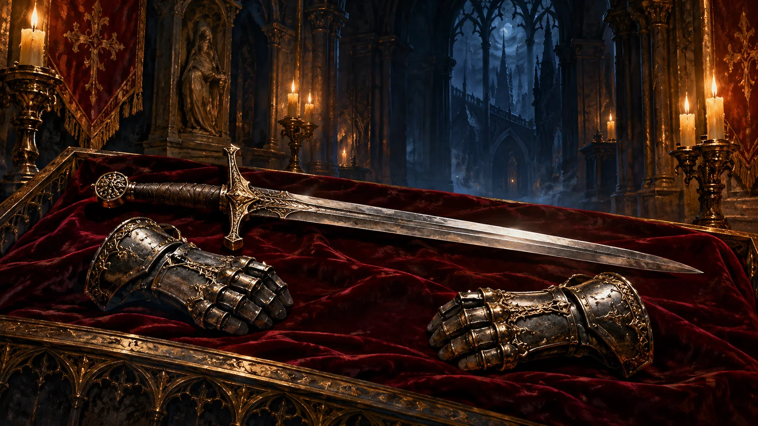A cathedral armory alcove with a plain sword and two iron fist gauntlets, carefully separated on dark velvet. Original conceptual illustration.