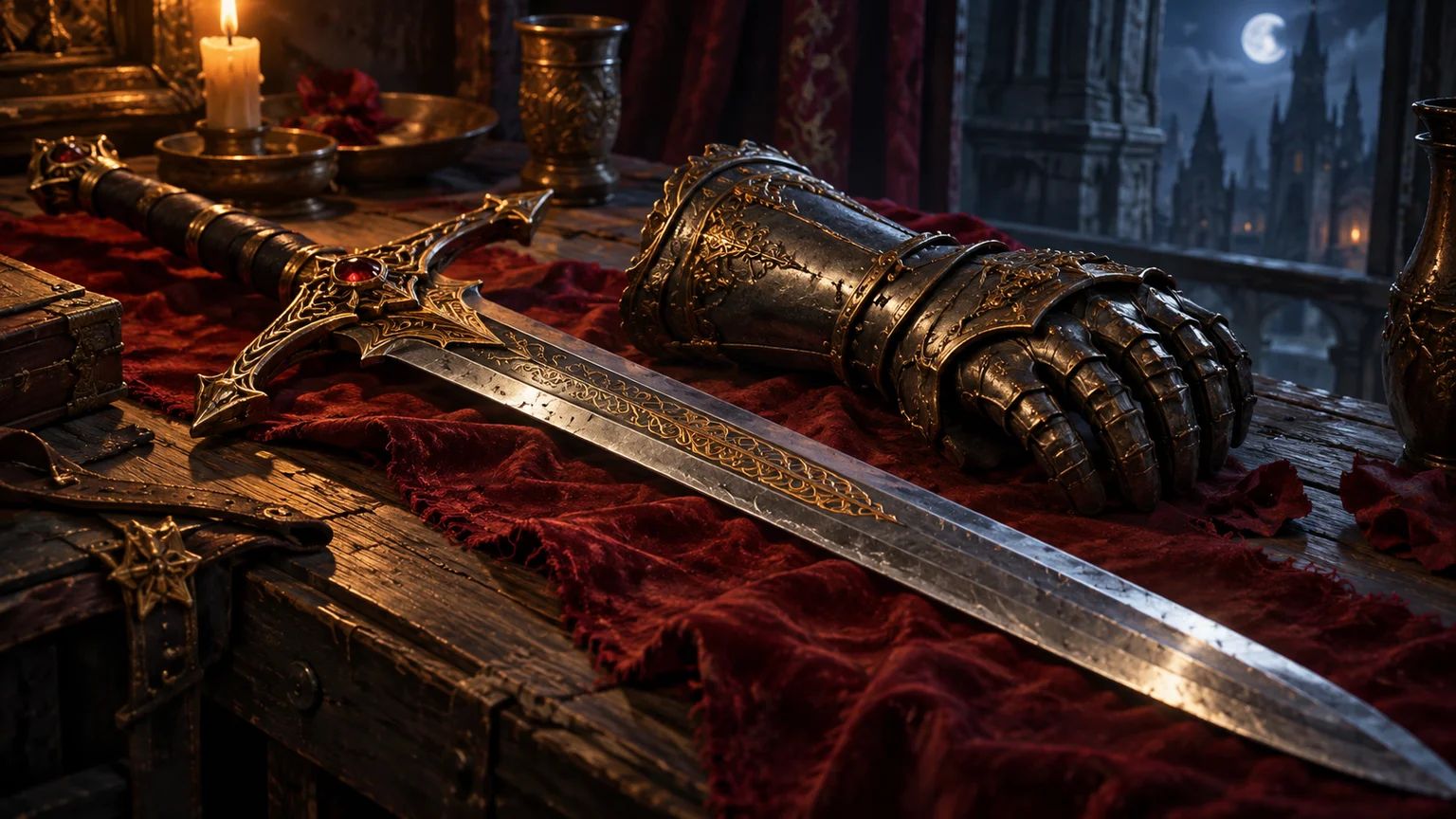 A close still life of a sword blade and articulated fist gauntlet on a weathered wooden weapons table. Original conceptual illustration.