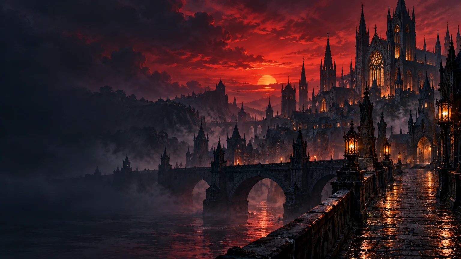 Original illustration of a gothic city at dusk